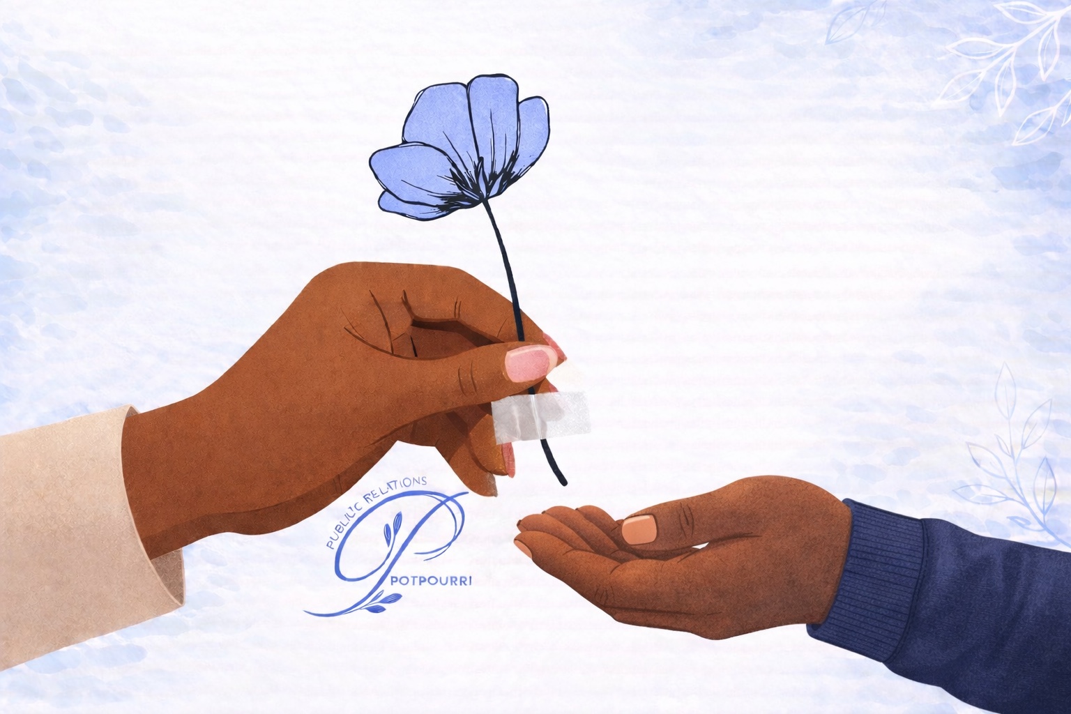 Two hands exchanging the PotpourriPR blue flower